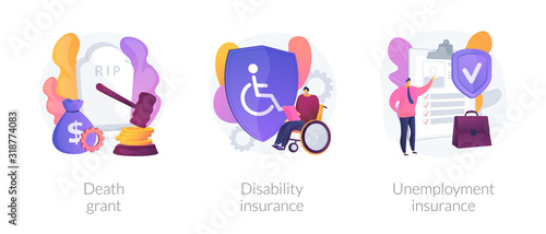 Deceased employee funeral expenses coverage. Disabled individuals allowance. Death grant, disability insurance, unemployment insurance metaphors. Vector isolated concept metaphor illustrations.