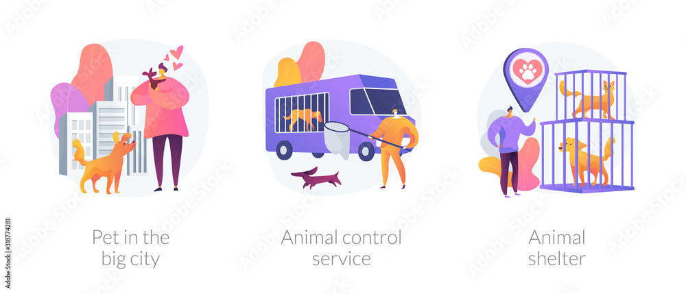 Municipal stray dogs control service. Homeless animals adoption center. Pet in the big city, animal control service, animal shelter metaphors. Vector isolated concept metaphor illustrations