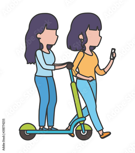 young women with smartphone and electric scooter