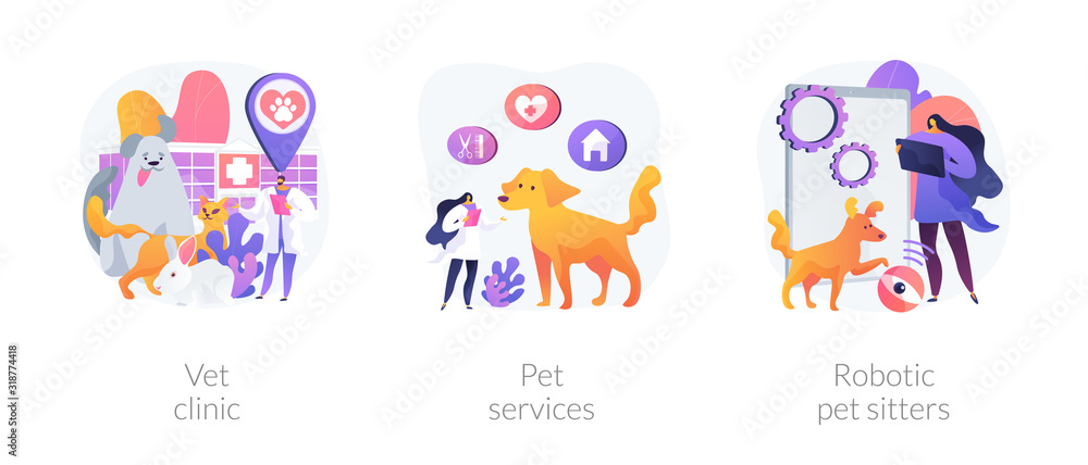 Veterinary hospital services and domestic animals hotels. Dogs grooming and health check center. Vet clinic, pet services, robotic pet sitters metaphors. Vector isolated concept metaphor illustrations