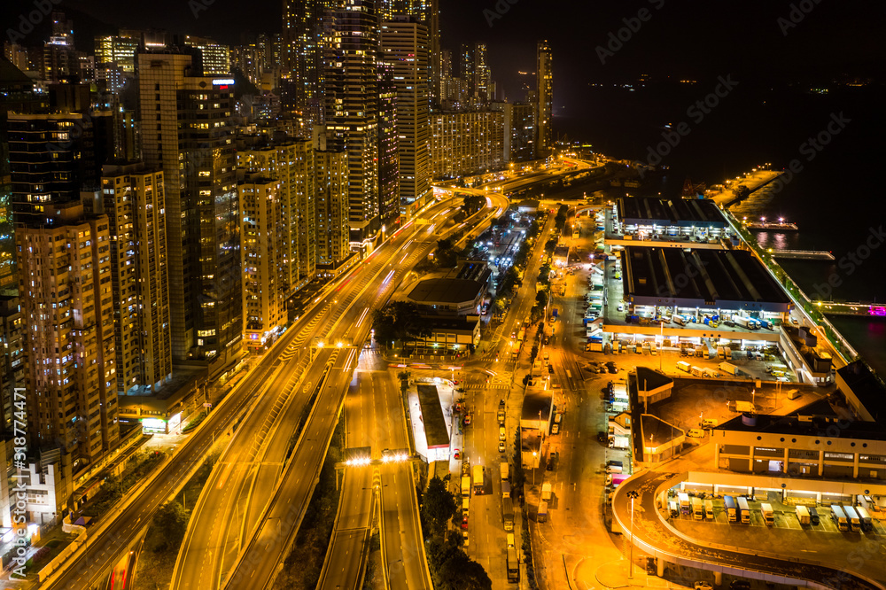 Aerial view of city at night with Light Track
