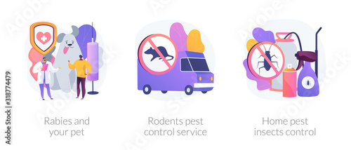 Animals antirabic vaccinations. House disinfection equipment. Rabies and your pet, rodents pest control service, home pest insects control metaphors. Vector isolated concept metaphor illustrations