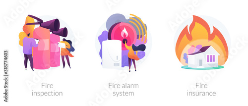 Firefighter equipment, notification technology control. Real estate damage compensation. Fire inspection, fire alarm system, fire insurance metaphors. Vector isolated concept metaphor illustrations