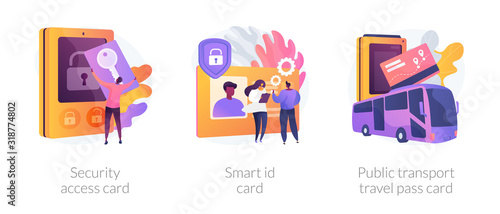 Identity document. Keyless entry system. City transport ticket. Security access card, smart id card, public transport travel pass card metaphors. Vector isolated concept metaphor illustrations