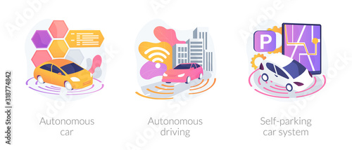 Futuristic driverless automobiles. Smart vehicles digital software. Autonomous car, autonomous driving, self-parking car system metaphors. Vector isolated concept metaphor illustrations