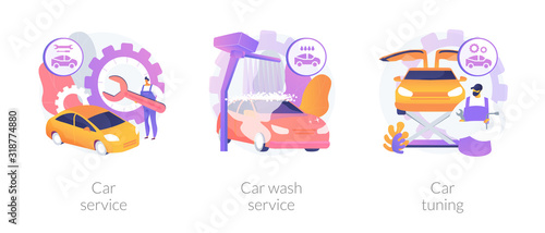 Automobile maintenance center. Professional vehicle detailing, repair and modernization. Car service, car wash service, car tuning metaphors. Vector isolated concept metaphor illustrations
