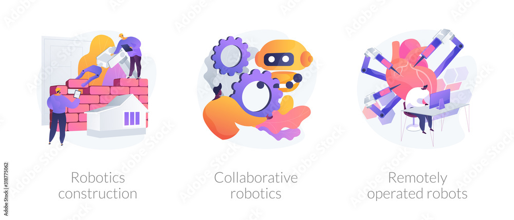 Smart industry development. Artificial intelligence in surgery. Robotics construction, collaborative robotics, remotely operated robots metaphors. Vector isolated concept metaphor illustrations