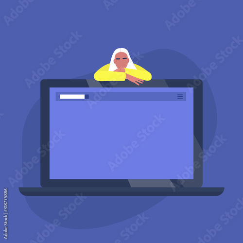 Your text here, template, young female character leaning on a laptop, digital marketing instruments