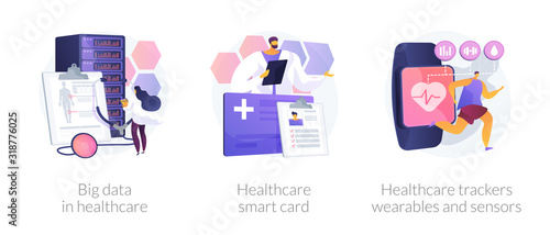Hospital database, clinic patients records server. Big data in healthcare, healthcare smart card, healthcare trackers wearables and sensors metaphors. Vector isolated concept metaphor illustrations