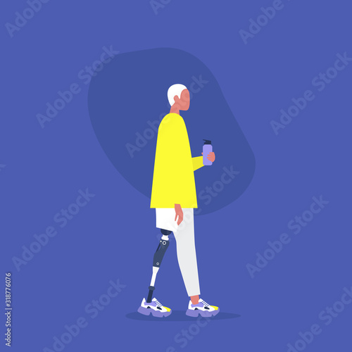 Young male character with a prosthetic lower limb holding a water flask, Modern disabled people, New technologies
