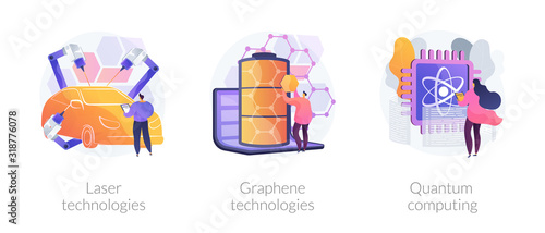 Hexagonal carbon atom grid properties. Innovative computation software. Laser technologies, graphene technologies, quantum computing metaphors. Vector isolated concept metaphor illustrations