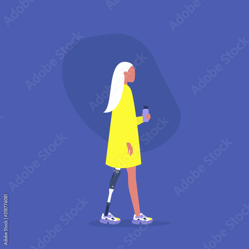 Young female character with a prosthetic lower limb holding a water flask, Modern disabled people, New technologies