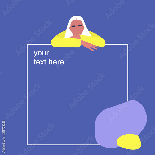 Your text here, template, young female character leaning on a mockup text frame, web banner, digital marketing instruments