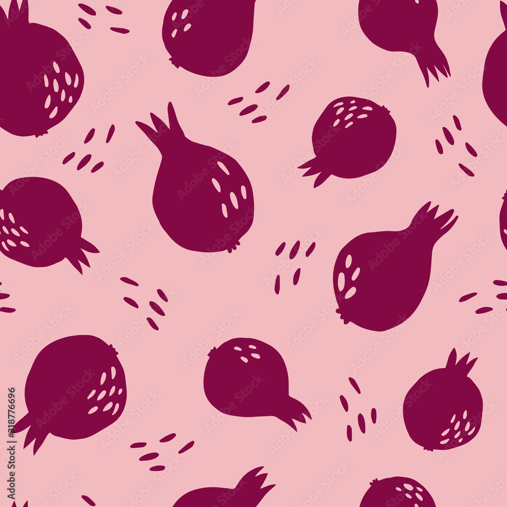 Ripe pomegranate seamless pattern. Doodle fresh organic summer fruit wallpaper.
