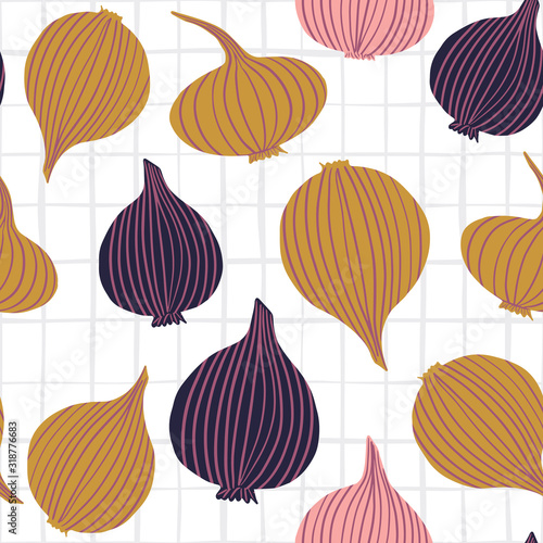 Creative doodle onion bulb vegetable wallpaper. Onion in scandinavian style seamless pattern.