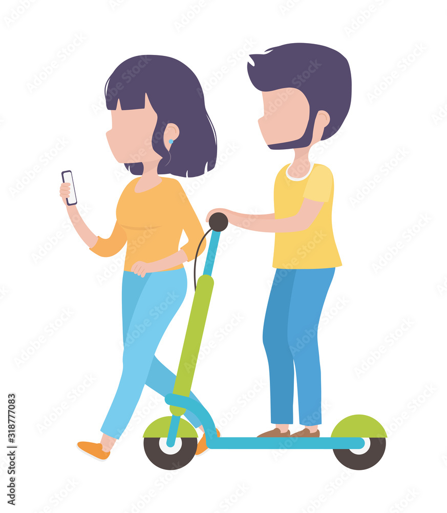 young man riding elecric scooter and woman with smartphone healthy lifestyle young man riding elecric scooter and woman with smartphone healthy lifestyle