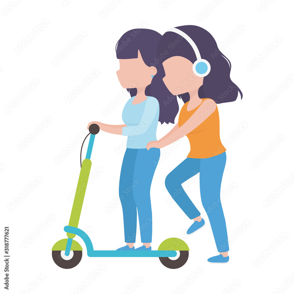 young women riding electric scooter with headphones young women riding electric scooter with headphones