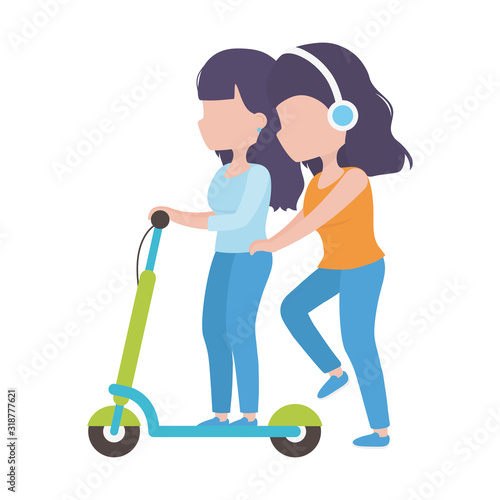 young women riding electric scooter with headphones