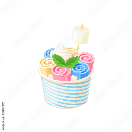 Basket of stir fried colorful ice cream rolls under whipped cream decorated with mint leaves and marshmallows. Vector illustration cartoon flat icon isolated on white.