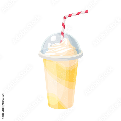 Colorful fruit milkshake design. Plastic cup with lid and straw, full of milk shake. Vector illustration cartoon flat icon isolated on white.