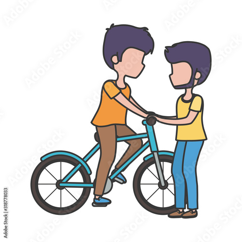 young men with bike transport cartoon character