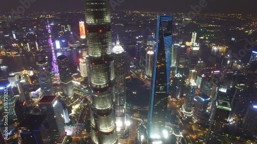 AERIAL shot of Shanghai Lujiazui City Night Scene,China
