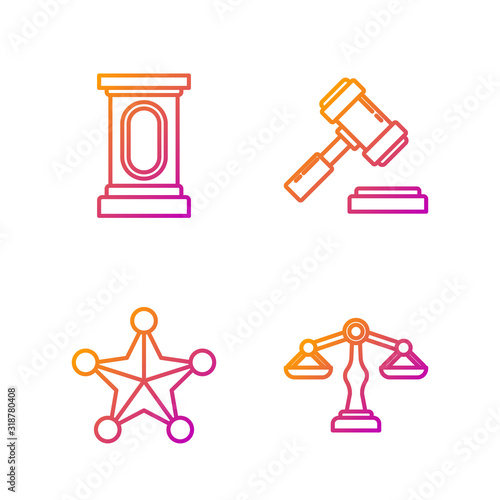 Set line Scales of justice, Hexagram sheriff, Stage stand or debate podium rostrum and Judge gavel. Gradient color icons. Vector