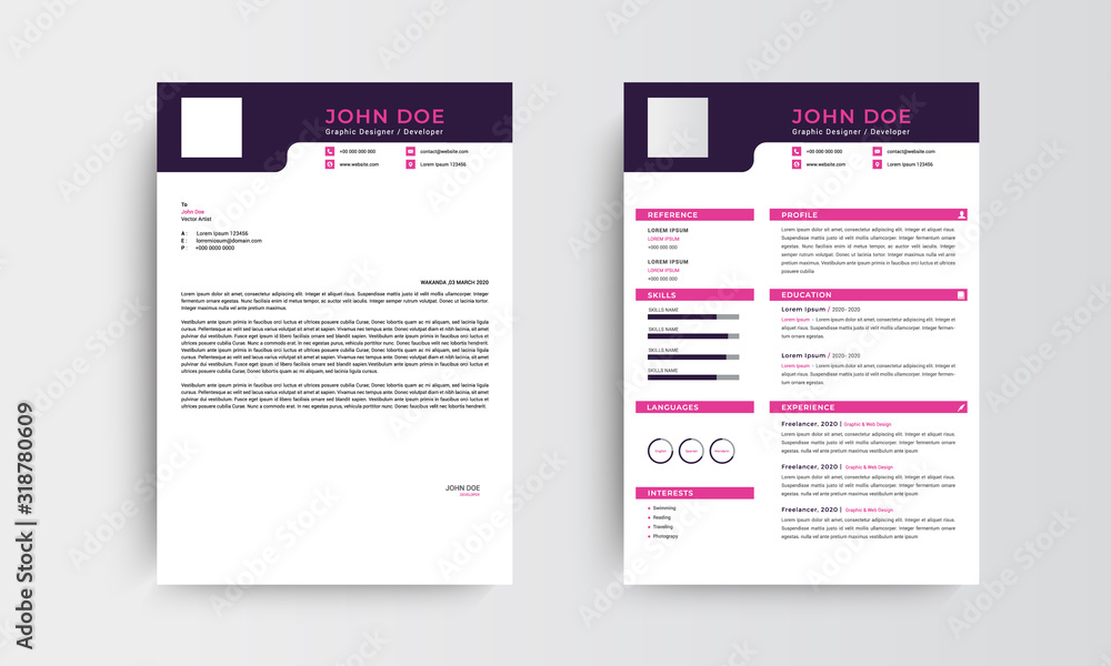 Professional CV resume template design and letterhead, cover letter,  template job applications, black and white - vector