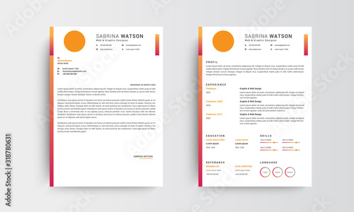 Professional CV resume template design and letterhead, cover letter,  template job applications, orange and red- vector 