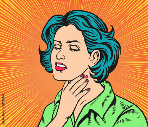 Women with sore throat, fever, difficulty swallowing. Pop art  retro vector illustration comic. Separate images of people from the background.