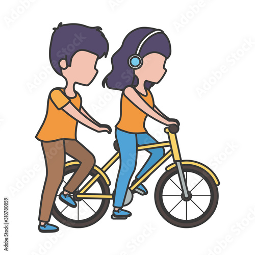 Fototapeta Naklejka Na Ścianę i Meble -  woman with headphones riding bike and man walk