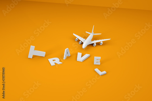White voluminous letters etched, scattered on a yellow background. White 3D airplane in the style of minimalism. Travel and vacation concept