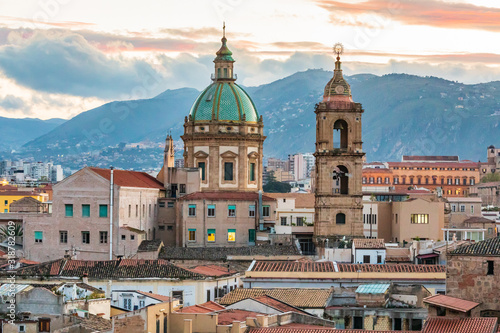 Italy, Sicily, Palermo Province, Palermo. The dome and bell tower of the baroque Chiesa del Gesù, or Church of the Jesus, in Palermo.