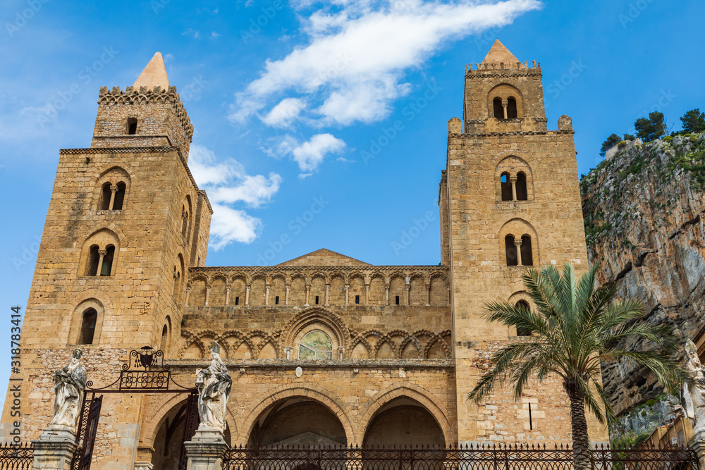 Italy, Sicily, Palermo Province, Cefalu. Exterior view of the towers of the Cefalu Cathedral, a UNESCO World Heritage site.