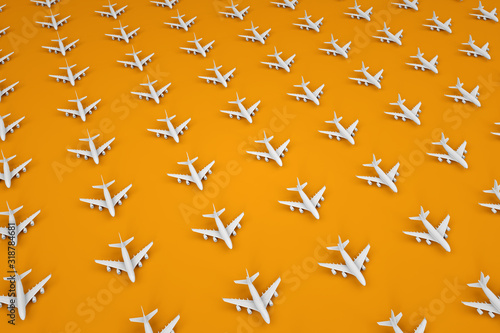 A lot of white airplanes in the style of the pattern on a yellow background. White 3D airplane in the style of minimalism. Travel and vacation concept