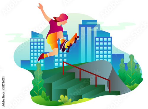 Illustration of male skateboarder jump on the stairs in the city park during the day. Graphic resources can use for landing page, mobile app and website