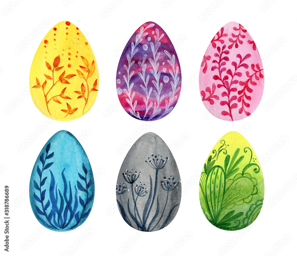 Fototapeta premium Easter set. eggs in watercolor with floral patterns. Yellow, green, blue, pink, purple and gray