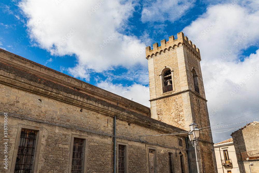 Italy, Sicily, Messina Province, Montalbano Elicona. The Basilica of Santa Maria Assunta.Bell tower, in the medieval hill town of Montalbano Eliconta.
