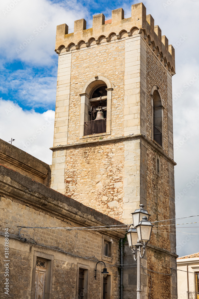 Italy, Sicily, Messina Province, Montalbano Elicona. The Basilica of Santa Maria Assunta.Bell tower, in the medieval hill town of Montalbano Eliconta.