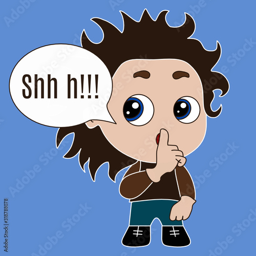 emoji with character shushing shh h to politely tell people to shut up and be quiet to keep silence, boy chibi in color using finger on mouth gesture to stop talking, simple emoticon