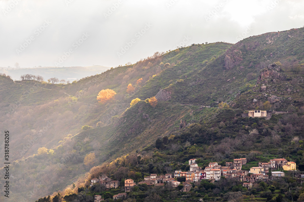 Italy, Sicily, Messina Province, Francavilla di Sicilia. View of the forested hills around Francavilla di Sicilia.