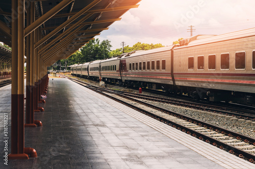 An empty train station platform, vintage train station.