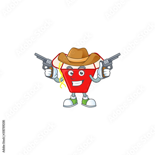 Confident chinese box noodle Cowboy cartoon character holding guns