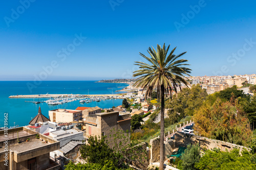 Italy  Sicily  Agrigento Province  Sciacca..View of the harbor and coastline of Sciacca  on the Mediterranean Sea.