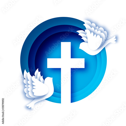 He Is Risen. Easter Banner. Christian cross in paper cut style on blue background. Circle frame. Pigeons. Holy Easter.