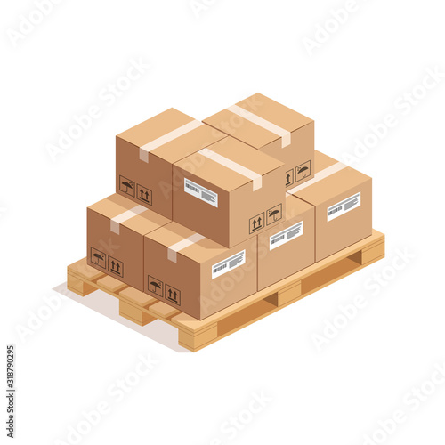 Isometric wooden pallet with big stack of cardboard boxes isolated on whte background. 3D warehouse packaging, storage and transportation concept. Vector illustration