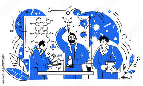 Scientists work in the laboratory. People in medical coats, chemical experts with laboratory equipment. Vector characters of male medical researchers.