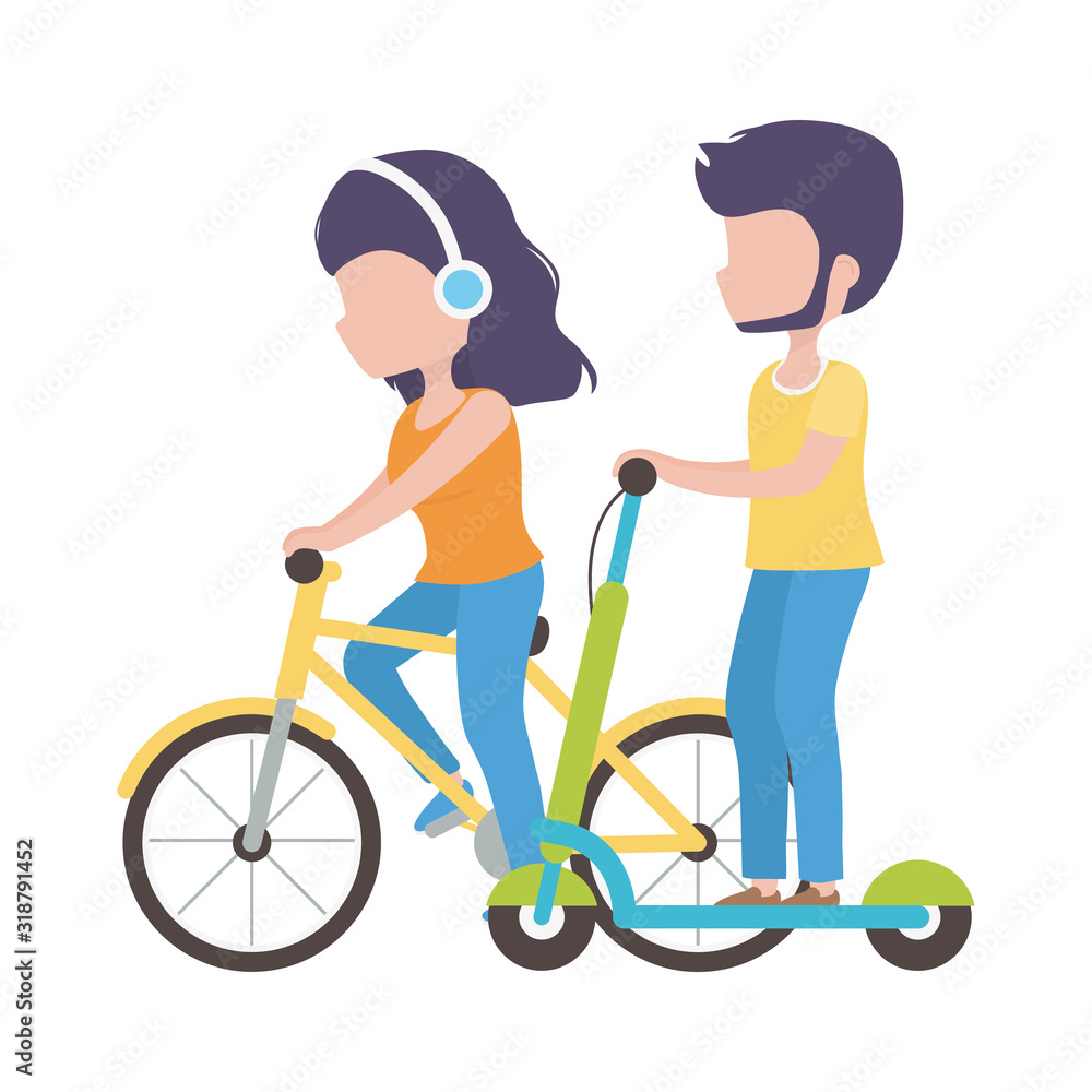 couple riding bike and electric scooter cartoon characters couple riding bike and electric scooter cartoon characters