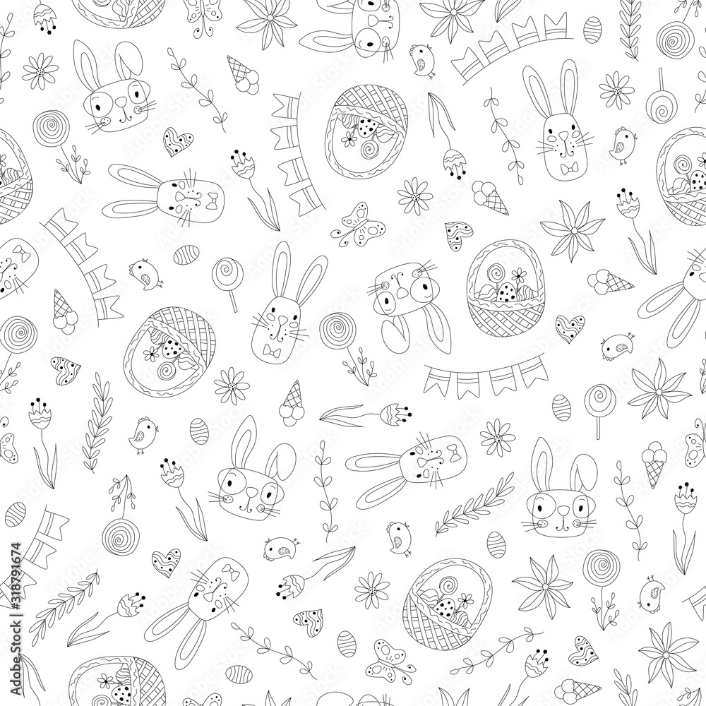 Plakat wektor ładny wzór zbiory wzór wielkanocny: króliczek, rośliny, kosz, ptak, wstążka, zwierzęta, kwiaty, jajka, lody, serca. unikalna powtarzalna płytka szkicu wielkanocnego szkicu linii sztuki.