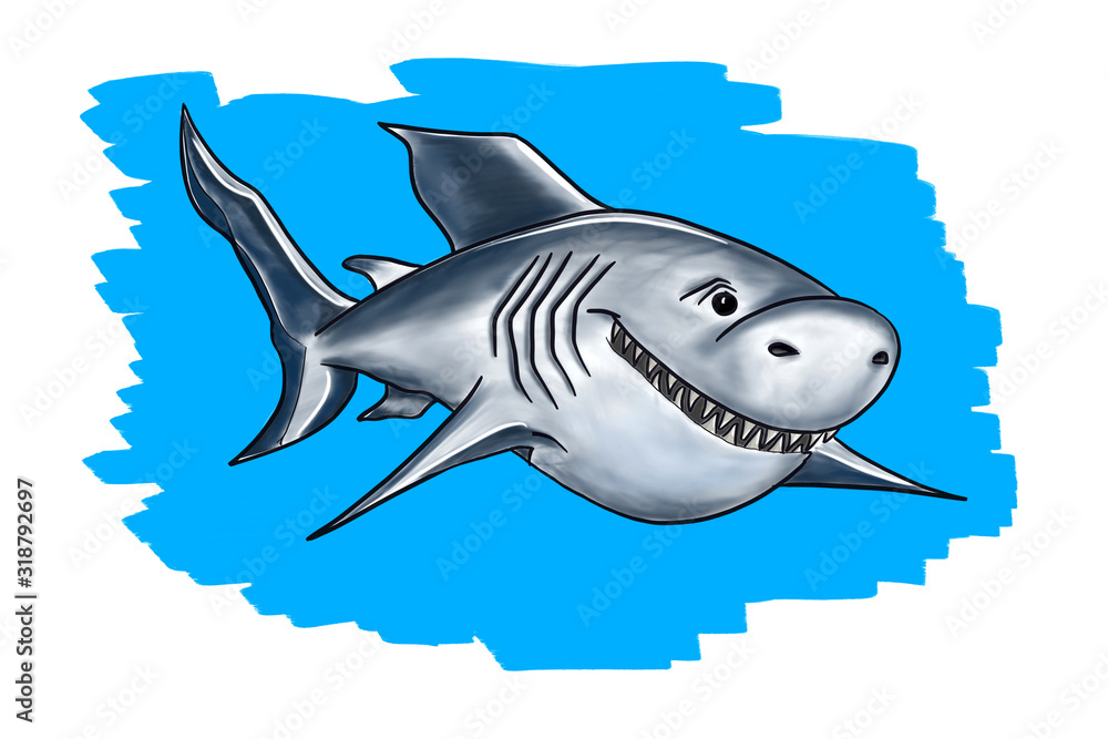 Obraz premium Illustration of a big gray shark smiling. Shark drawing.